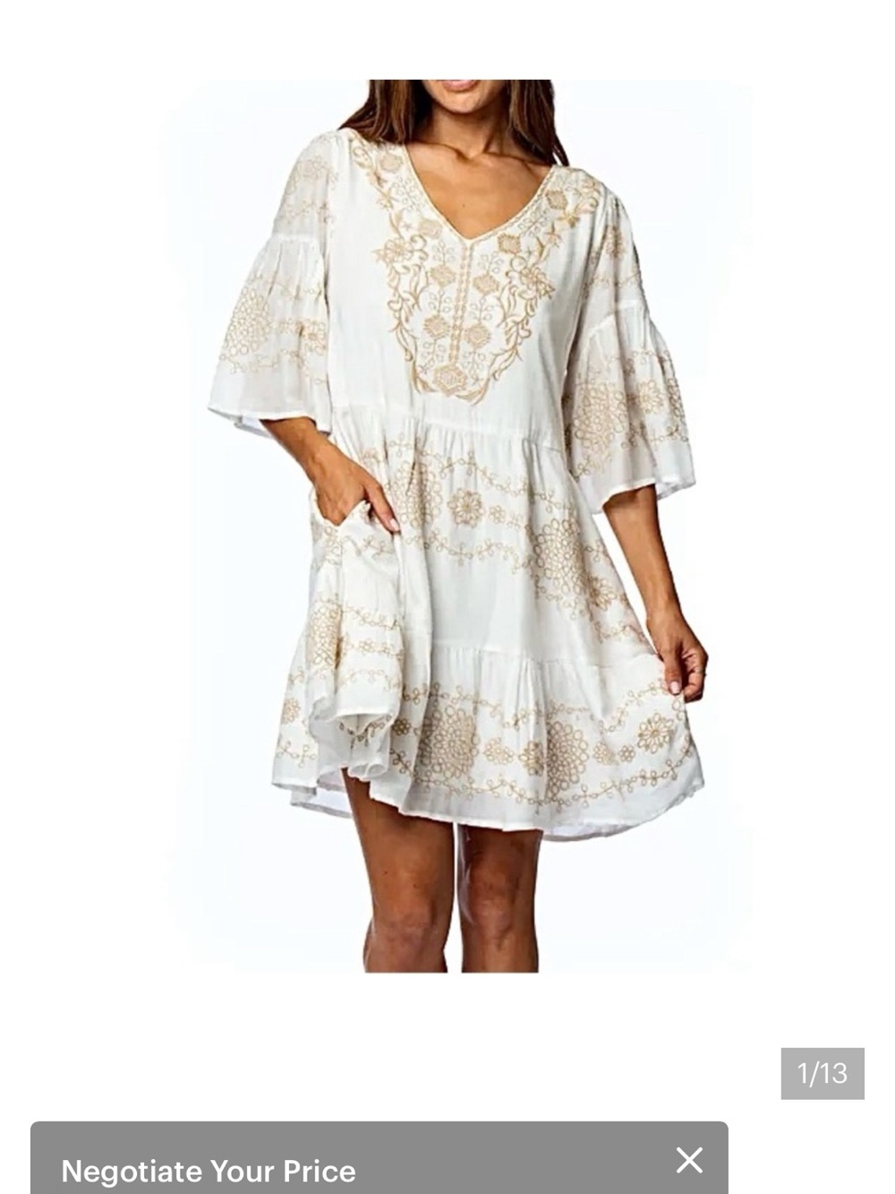 Tolani White Midi Dress with Gold Embroidery
